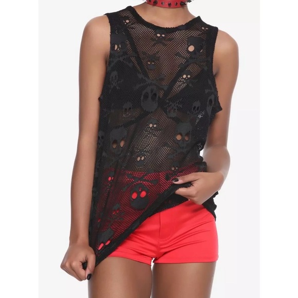 Tripp NYC Top Black Mesh Fishnet Skulls 1X Gothic Punk - Picture 1 of 9